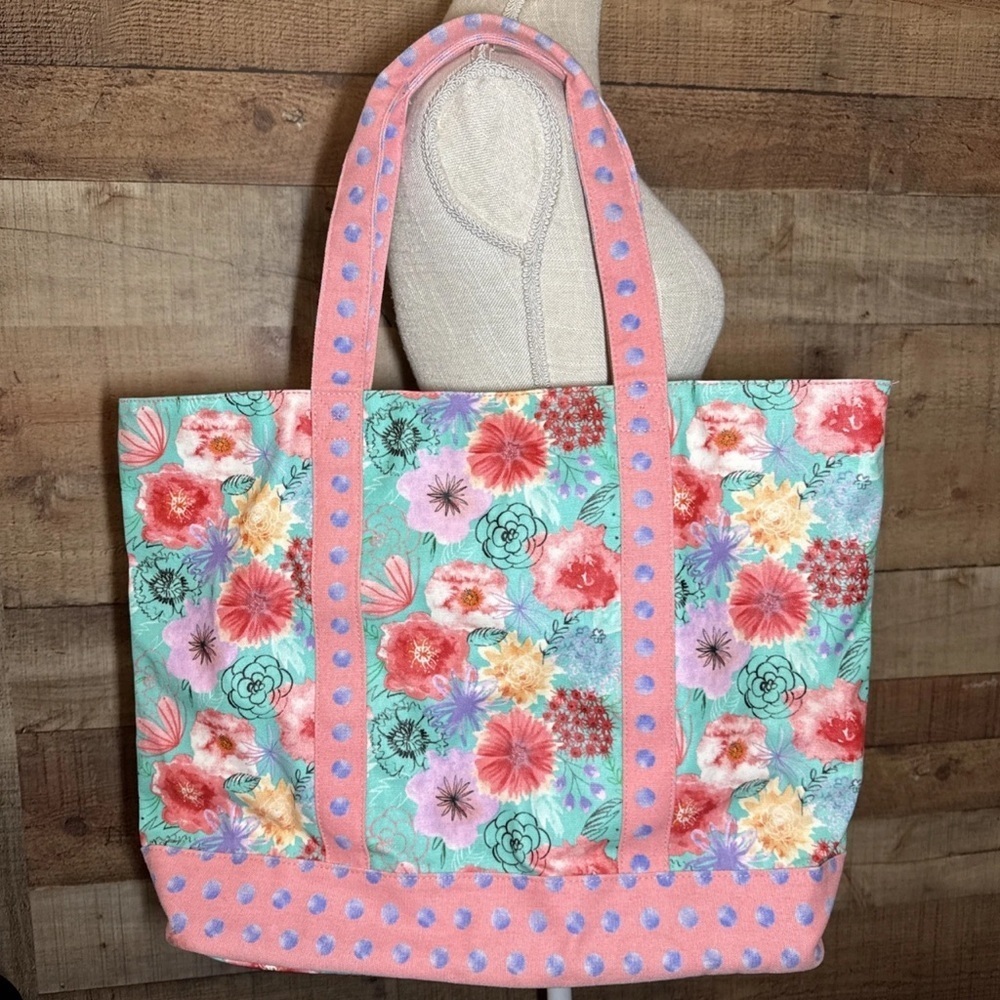 MATILDA JANE Relaxing Sunshine Pink Floral & Dots Oversize Tote Bag 19” Wide - Picture 2 of 16